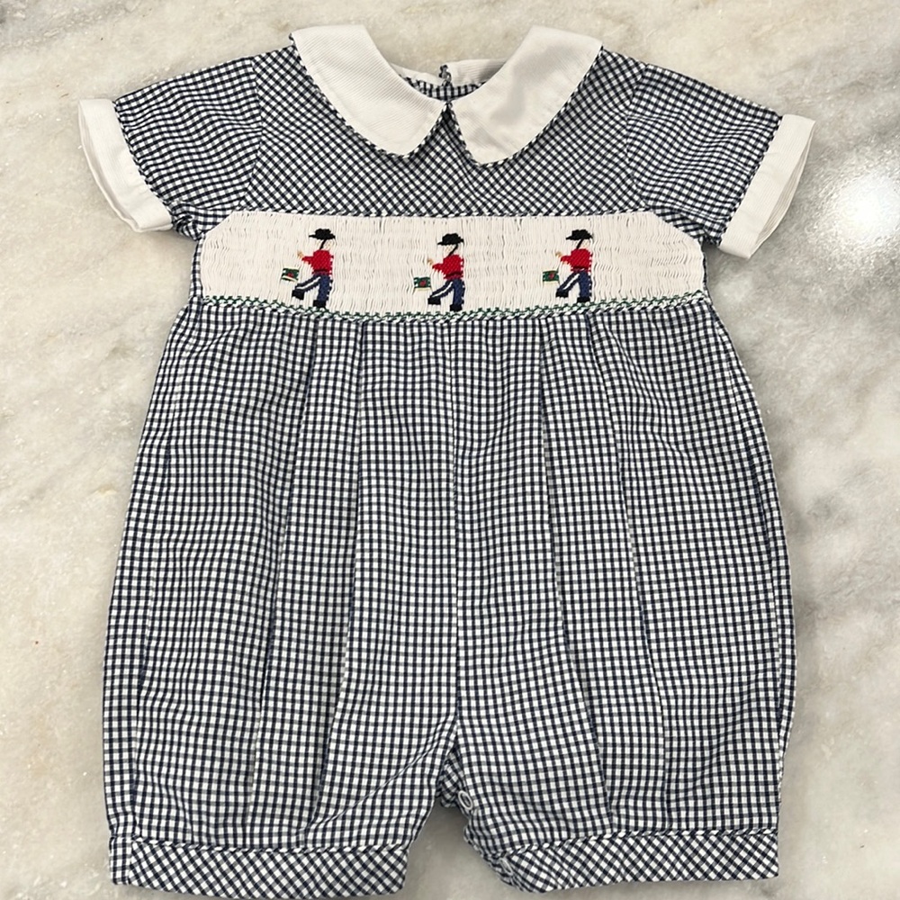 Smocked Boy’s Short Bubble by Carriage Boutique. Christmas Drummer Boy